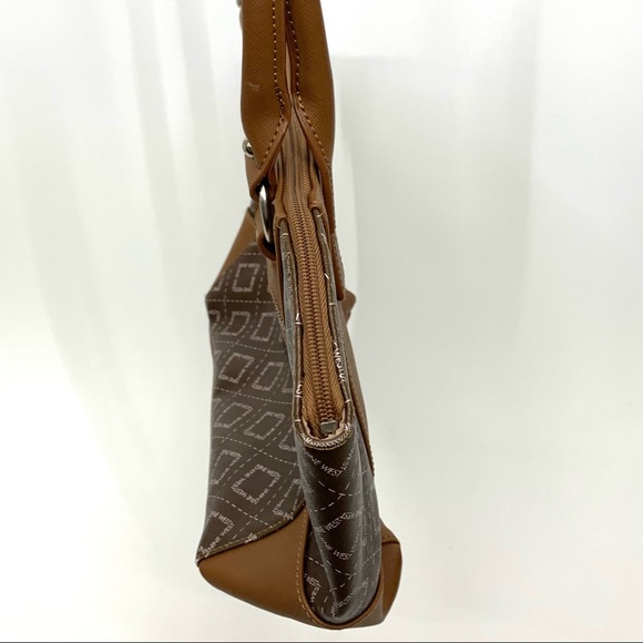 Nine West Brown Camel Tan All Over Geometric Pattern Contrast Satchel Purse - Picture 4 of 16